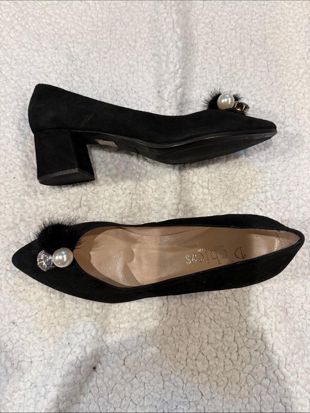 Black Suede Pearl-Embellished Block Heel Pumps